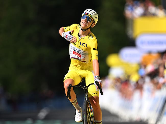 LE LIORAN, FRANCE - JULY 14: Tadej Pogacar of Slovenia and UAE Team Emirates - XRG - Yellow Leader Jersey celebrates at finish line as stage winner during the 113th Tour de France 2026, Stage 10 a 166.6km stage from Aurillac to Le Lioran 1240m / #UCIWT / on July 14, 2026 in Le Lioran, France. (Photo by Tim de Waele/Getty Images)