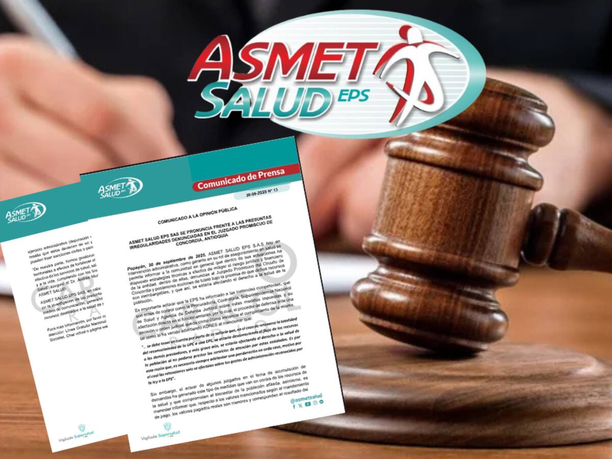 Asmet Salud reconoce irregularidades en órdenes de pago expedidas por juez de Concordia, Antioquia