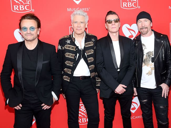 NEW YORK, NY - JUNE 26: Bono, Adam Clayton, Larry Mullen, and The Edge of U2 attend 13th Annual Musicares MAP Fund Benefit Concert Honoring Adam Clayton at PlayStation Theater on June 26, 2017 in New York City. (Photo by Robin Marchant/WireImage,)