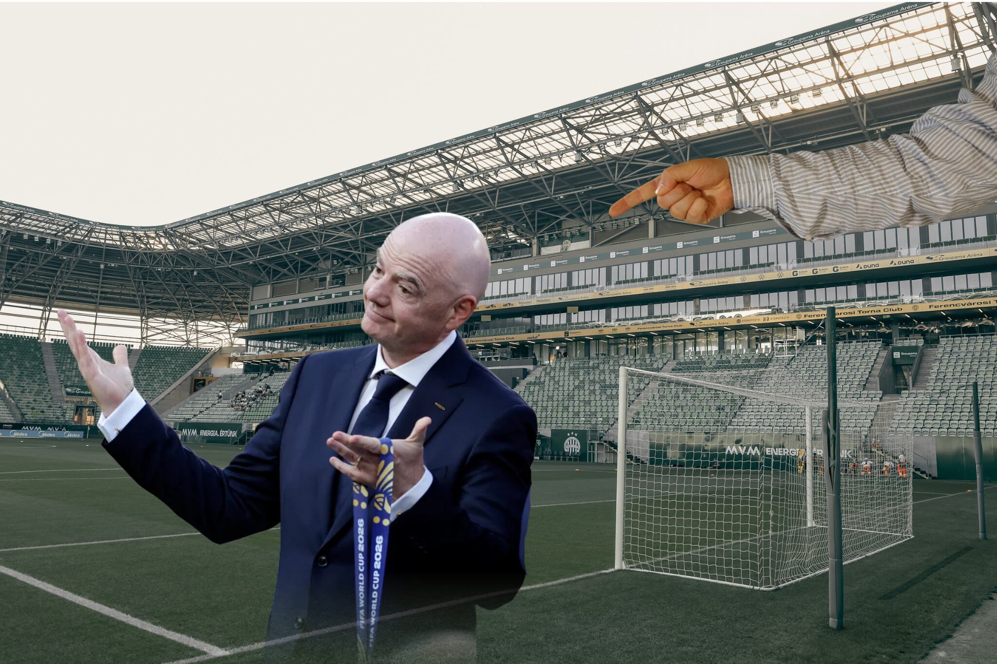 Imagen del estadio tomada de Getty Imagenes (Autor: MTB/MB Media / Colaborador) // Imagen de Gianni Infantino tomada de Getty imagenes (Autor: Soccrates Images / Colaborador) // Imagen de la mano tomada de Getty imagenes (Autor: MediaNews Group/Reading Eagle via Getty Images / Colaborador)