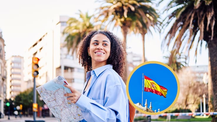 De fondo una mujer recorriendo España, en el círculo la bandera de ese país en la Plaza de la Cibeles / Foto: GettyImages