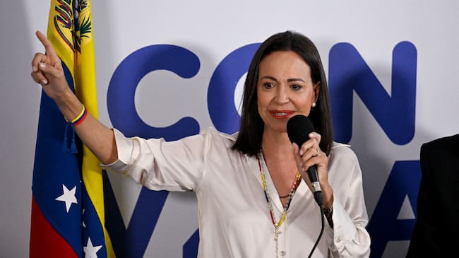 Venezuelan opposition leader Maria Corina Machado talks to the media in Caracas on July 29, 2024, a day after the Venezuelan presidential election. Protests erupted in parts of Caracas Monday against the re-election victory claimed by Venezuelan President Nicolas Maduro but disputed by the opposition and questioned internationally, AFP journalists observed. (Photo by JUAN BARRETO / AFP) (Photo by JUAN BARRETO/AFP via Getty Images)