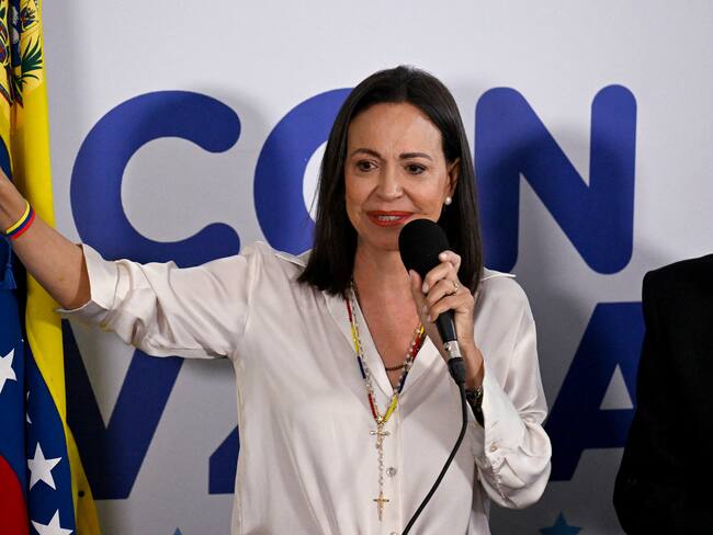 Venezuelan opposition leader Maria Corina Machado talks to the media in Caracas on July 29, 2024, a day after the Venezuelan presidential election. Protests erupted in parts of Caracas Monday against the re-election victory claimed by Venezuelan President Nicolas Maduro but disputed by the opposition and questioned internationally, AFP journalists observed. (Photo by JUAN BARRETO / AFP) (Photo by JUAN BARRETO/AFP via Getty Images)