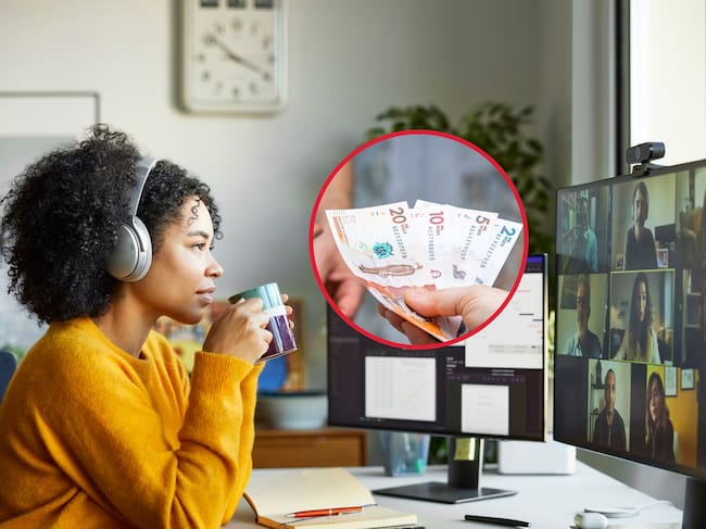 De fondo: Mujer trabajando en casa, en reunión de trabajo virtual. En el centro hay una imagen de referencia de pago de dinero colombiano (Crédito: Getty Images)
