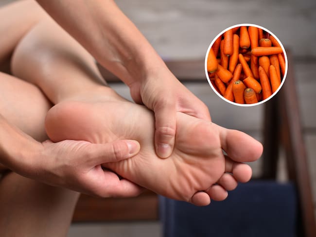 Persona revisando su pie y de fondo una imagen con zanahorias (Fotos vía Getty Images)