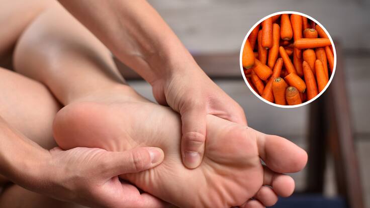 Persona revisando su pie y de fondo una imagen con zanahorias (Fotos vía Getty Images)