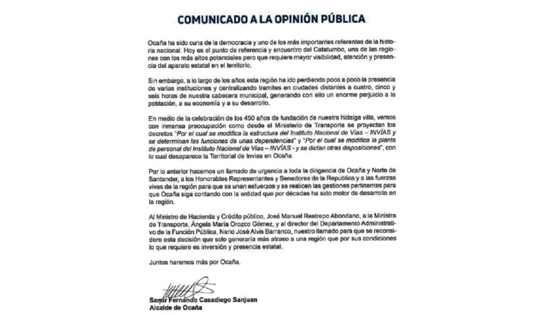 Alcalde de Ocaña pide al gobierno mantener territorial de Invias