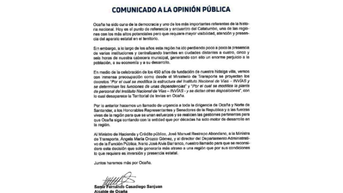 Alcalde de Ocaña pide al gobierno no acabar territorial de Invias