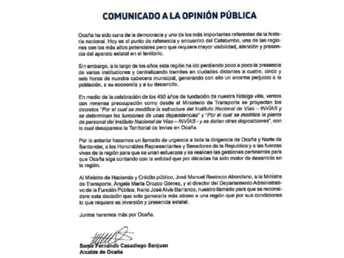 Alcalde de Ocaña pide al gobierno no acabar territorial de Invias