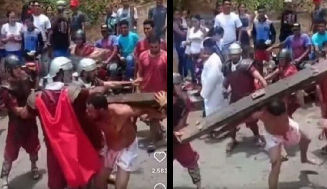 Video: 'Jesús' no se aguantó latigazos en procesión y "repartió pata"