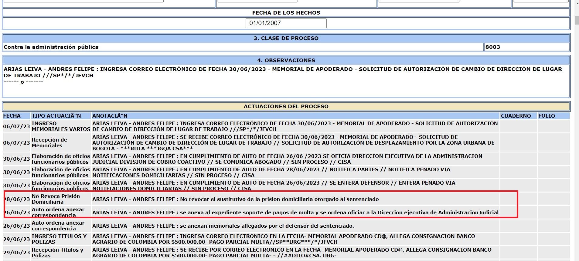 Los registros judiciales de Andrés Felipe Arias