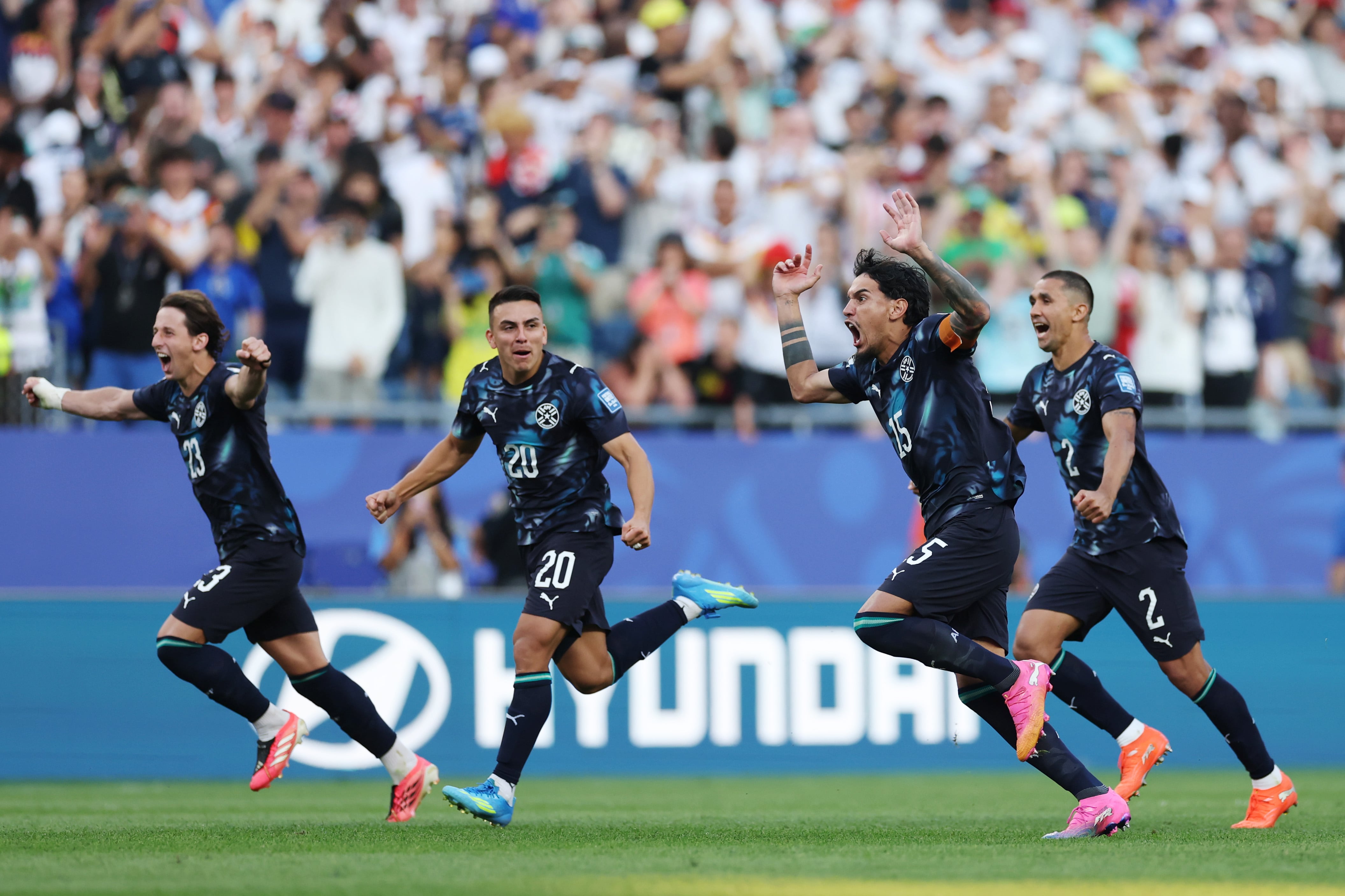 FOXBOROUGH, MASSACHUSETTS - JUNE 29: Gustavo Gomez #15 of Paraguay celebrates with teammates after Jose Canale #13 scores the winning penalty in a penalty shootout during the FIFA World Cup 2026 Round Of 32 match between Germany and Paraguay at Boston Stadium on June 29, 2026 in Foxborough, Massachusetts. (Photo by Ezra Shaw - FIFA/FIFA via Getty Images)