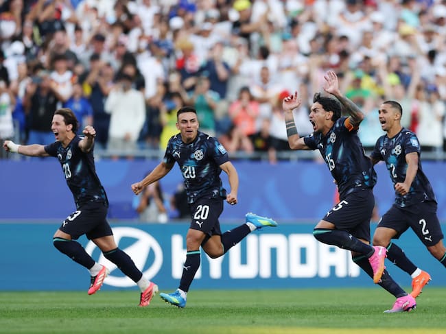 FOXBOROUGH, MASSACHUSETTS - JUNE 29: Gustavo Gomez #15 of Paraguay celebrates with teammates after Jose Canale #13 scores the winning penalty in a penalty shootout during the FIFA World Cup 2026 Round Of 32 match between Germany and Paraguay at Boston Stadium on June 29, 2026 in Foxborough, Massachusetts. (Photo by Ezra Shaw - FIFA/FIFA via Getty Images)