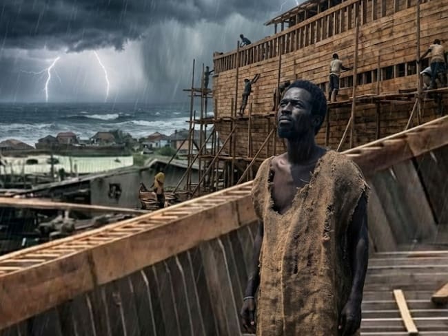 “Dios me avisó”: Noé de Ghana construyó ocho arcas de madera para un presunto diluvio en Navidad // Caracol Radio // Imagen creada con Gemini