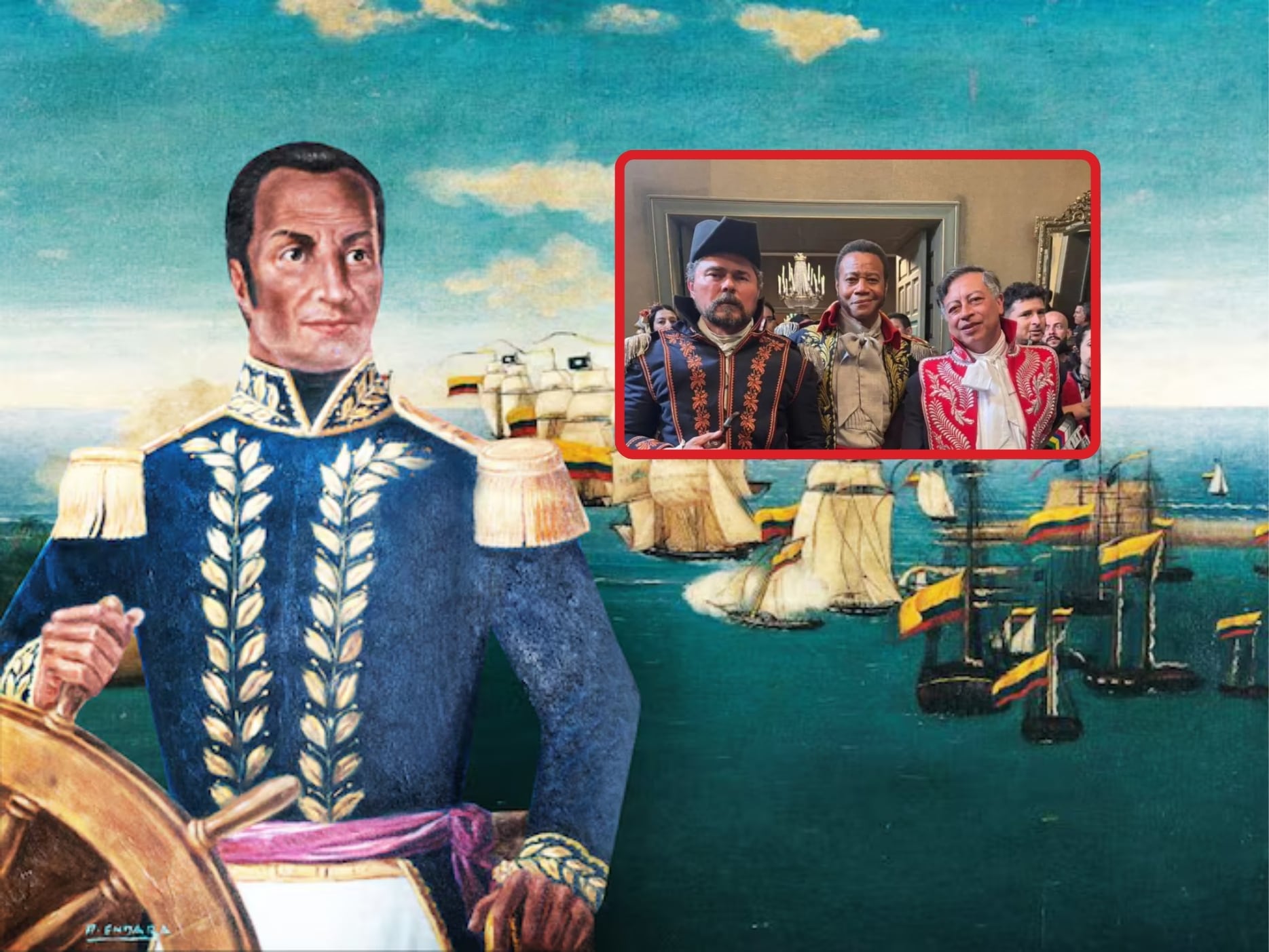 De fondo: Pintura ilustrativa del Almirante Padilla (Crédito: Armada Nacional) . Al lado, imagen del presidente Gustavo Petro con Cuba Gooding Jr, actor ganador del Óscar en 1997 qie protagonizará la película sobre el prócer.