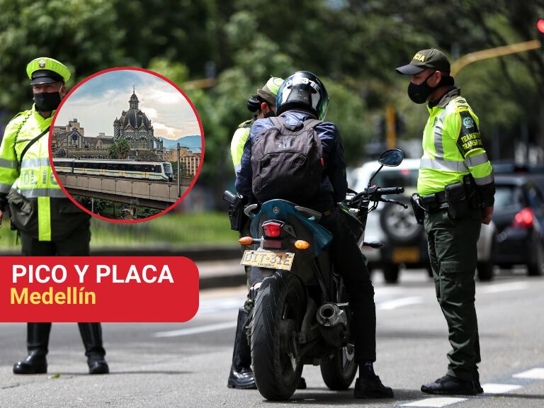 Control de la Policía de Tránsito y l lado una fotografía en el centro de Medellín (Fotos vía Getty Images)