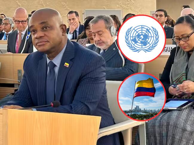 El canciller (e) de Colombia, Luis Gilberto Murillo, en el Consejo de Derechos Humanos de Naciones Unidas. y de fondo el logo de la ONU y una bandera de Colombia(Fotos vía cancillería y Getty Images)