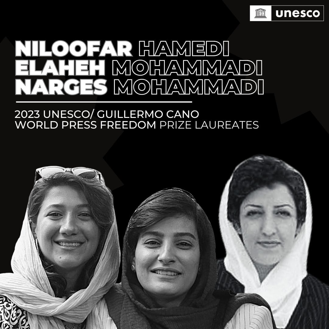 Niloofar Hamedi, Elaheh Mohammadi y Narges Mohammadi, galardonadas con el Premio Mundial de Libertad de Prensa 2023.
(Foto: UNESCO)