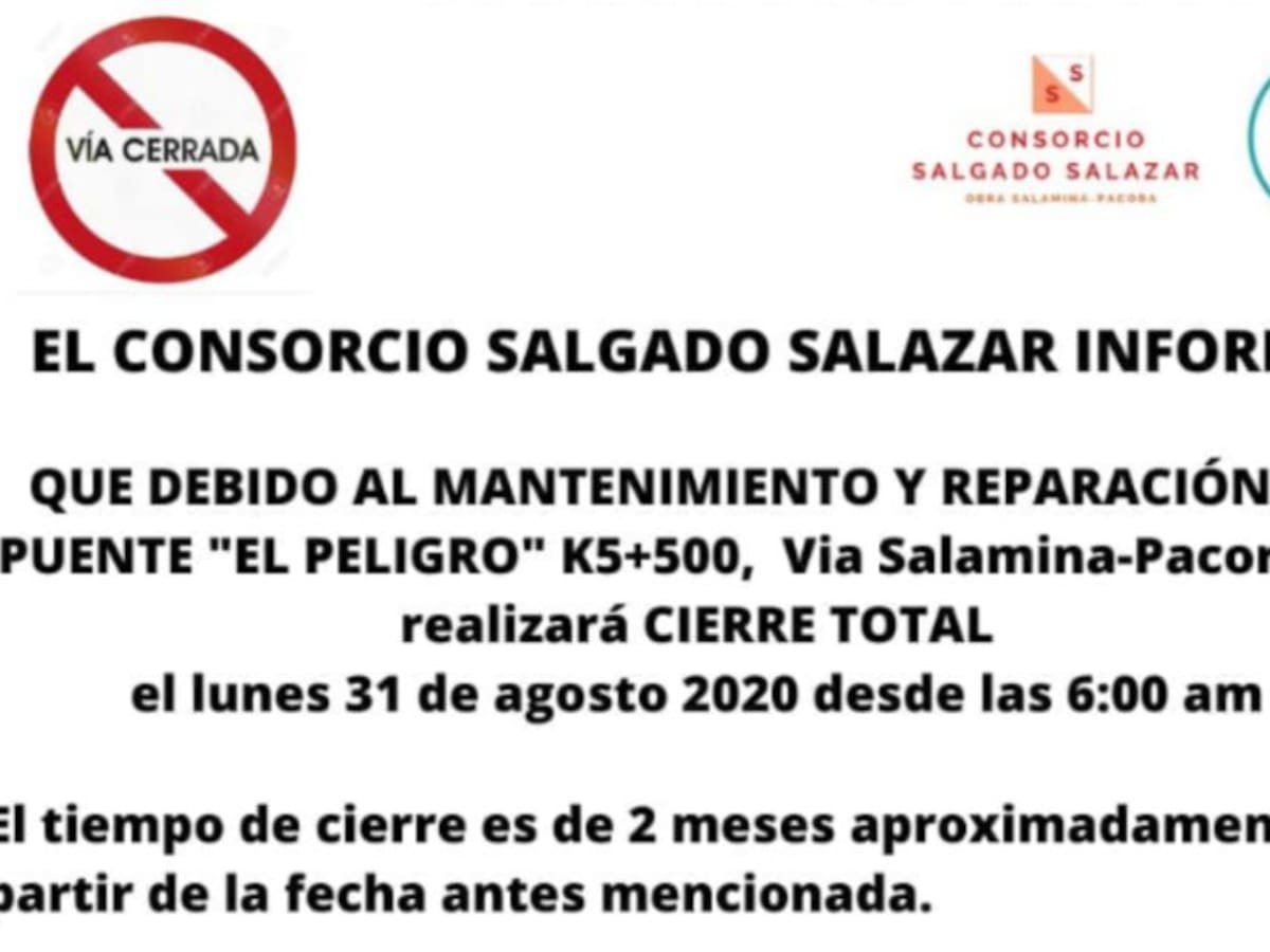 Vía que comunica a Salamina con Pácora estará cerrada por dos meses