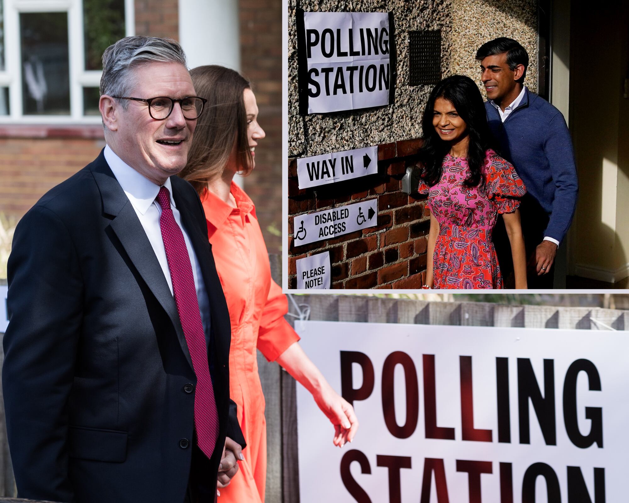 El líder del partido laborista, Keir Starmer y su esposa Victoria Walk (i) previo a emitir el voto y el primer ministro conservador, Rishi Sunak junto a su esposa Akshata Murty (d), tras votar.
(Foto: Caracol Radio / Getty )