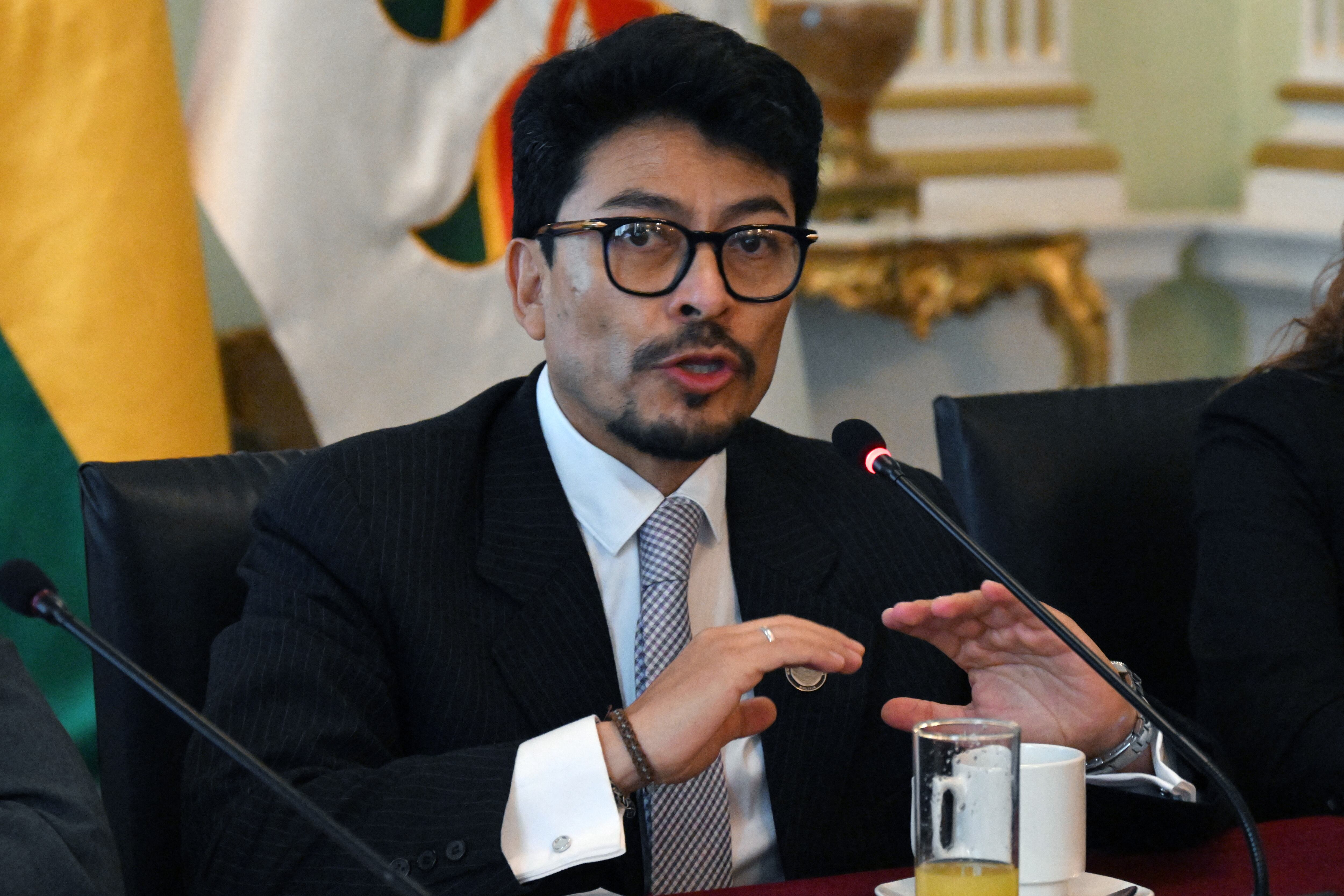 Bolivia�s Foreign Minister Fernando Aramayo speaks during a meeting with the international press on May 6, 2026, in La Paz. On the occasion, Aramayo stated that the country is seeking to reach a technological cooperation agreement with the United States to boost the development of its lithium industry. (Photo by Aizar RALDES / AFP)