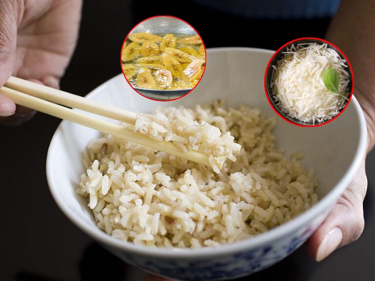 Plato de arroz cuyaco con tajada de plátano y queso rallado (foto vía Getty Images)