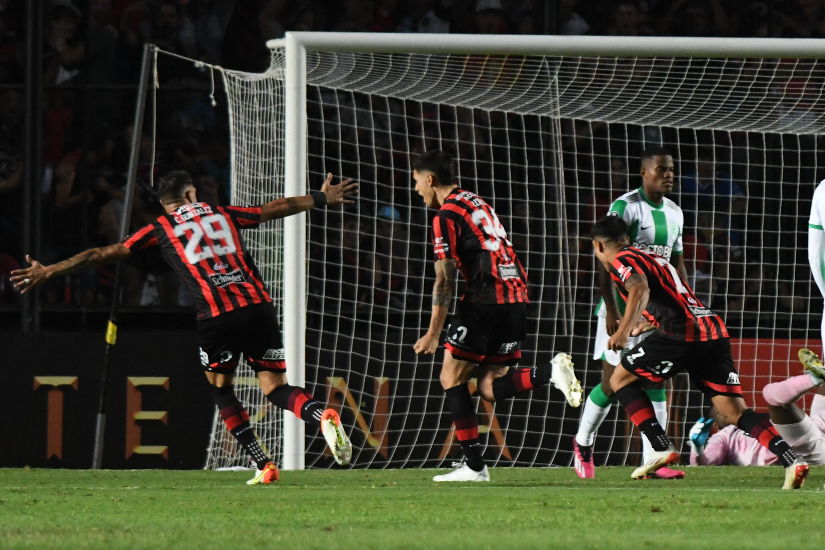 Patronato's forward Mateo Levato (C) celebrates after scoring a goal during the Copa Libertadores group stage first leg football match between Patronato and Atletico Nacional at the Brigadier General Estanislao López stadium in Santa Fe, Argentina, on April 5, 2023. (Photo by Jose ALMEIDA / AFP) (Photo by JOSE ALMEIDA/AFP via Getty Images)