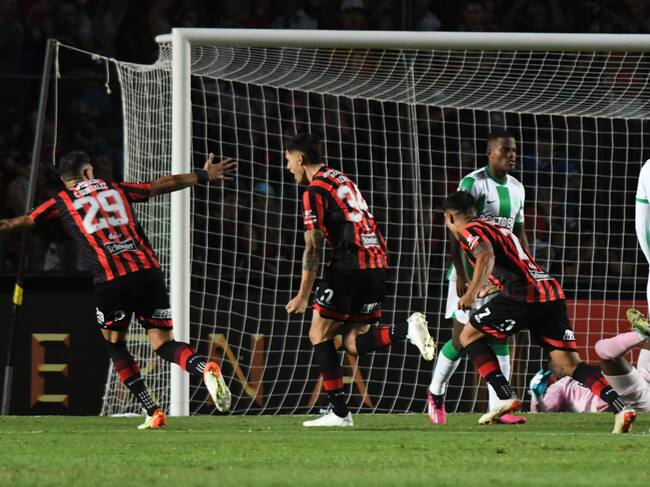 Patronato's forward Mateo Levato (C) celebrates after scoring a goal during the Copa Libertadores group stage first leg football match between Patronato and Atletico Nacional at the Brigadier General Estanislao López stadium in Santa Fe, Argentina, on April 5, 2023. (Photo by Jose ALMEIDA / AFP) (Photo by JOSE ALMEIDA/AFP via Getty Images)