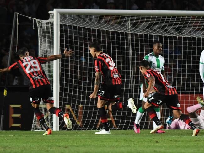 Patronato's forward Mateo Levato (C) celebrates after scoring a goal during the Copa Libertadores group stage first leg football match between Patronato and Atletico Nacional at the Brigadier General Estanislao López stadium in Santa Fe, Argentina, on April 5, 2023. (Photo by Jose ALMEIDA / AFP) (Photo by JOSE ALMEIDA/AFP via Getty Images)