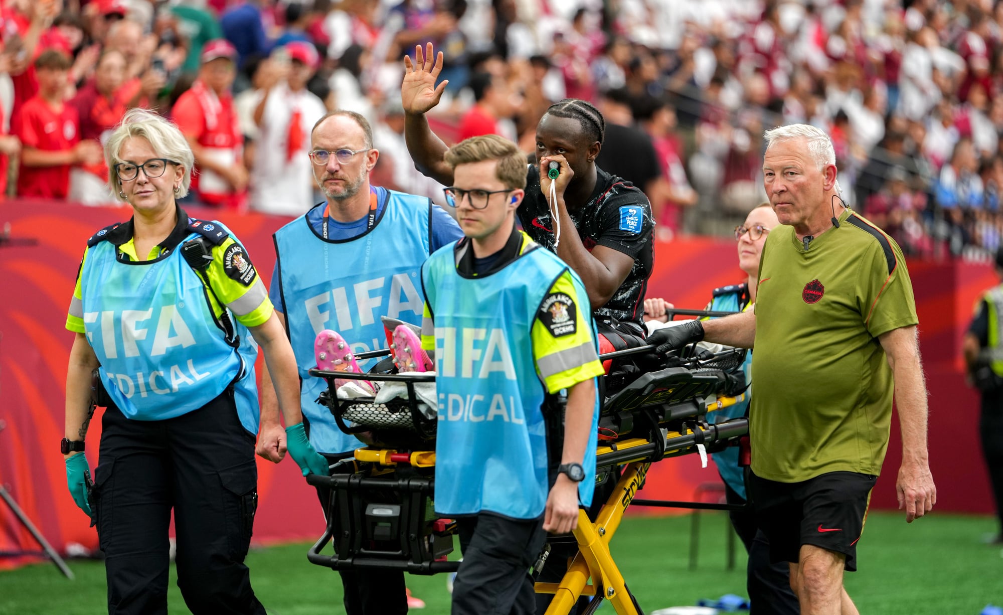 VANCOUVER, CANADA - JUNE 18: Canada's Ismael Kone is taken off the field on a stretcher after sustaining an injury during the 2026 FIFA World Cup Group B match between Canada and Qatar at BC Place Stadium in Vancouver, Canada, on June 18, 2026. (Photo by Ercin Erturk/Anadolu via Getty Images)