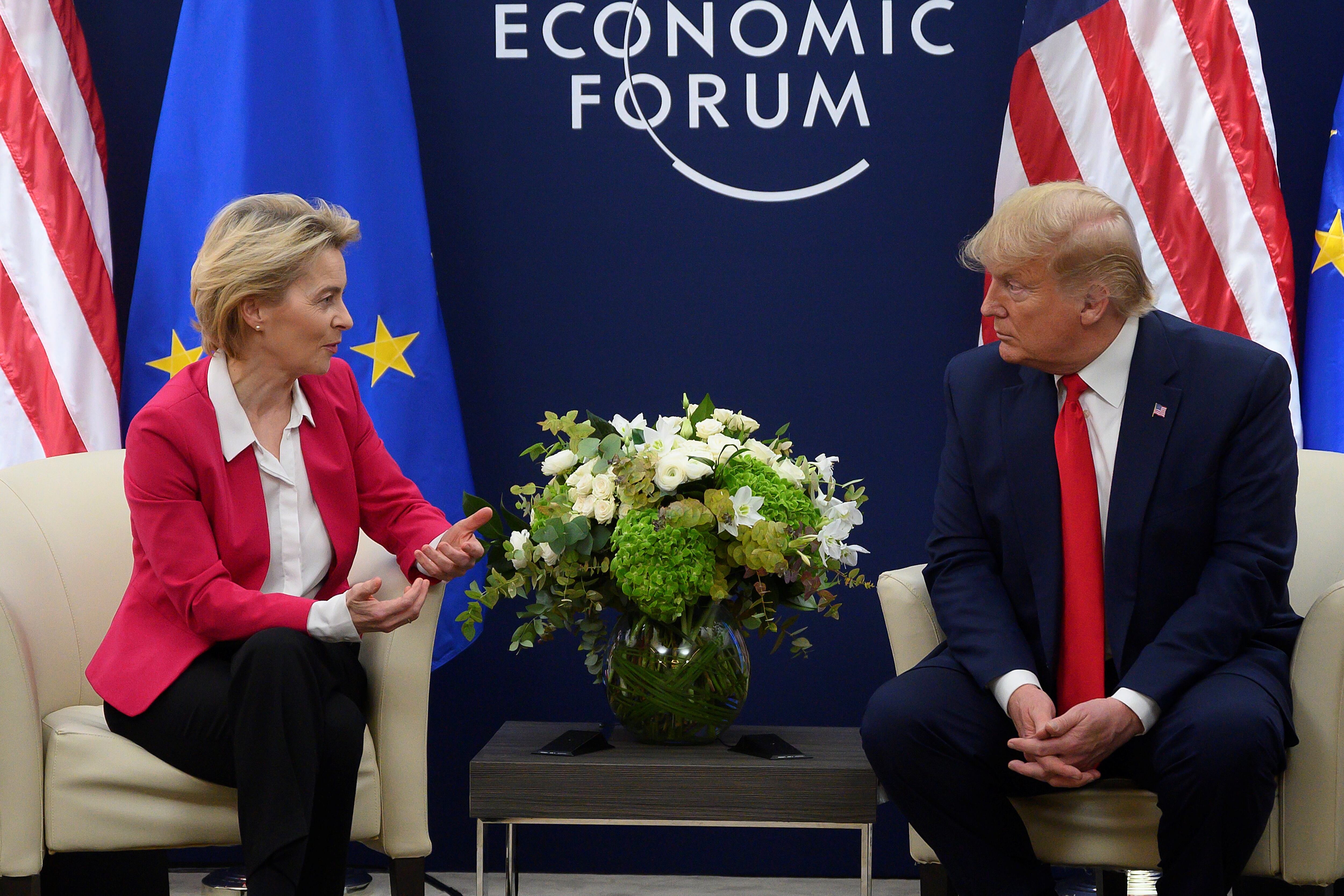 US President Donald Trump speaks with European Commission President Ursula von der Leyen prior to their meeting at the World Economic Forum in Davos, on January 21, 2020. (Photo by JIM WATSON / AFP) (Photo by JIM WATSON/AFP via Getty Images)