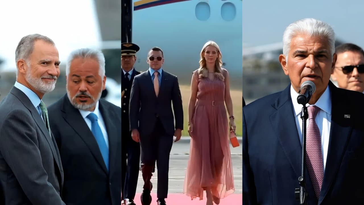 El rey Felipe VI y los presidentes Daniel Novoa y José Raúl Mulino en su llegada a Cali, para la posesión de Abelardo de la Espriella.