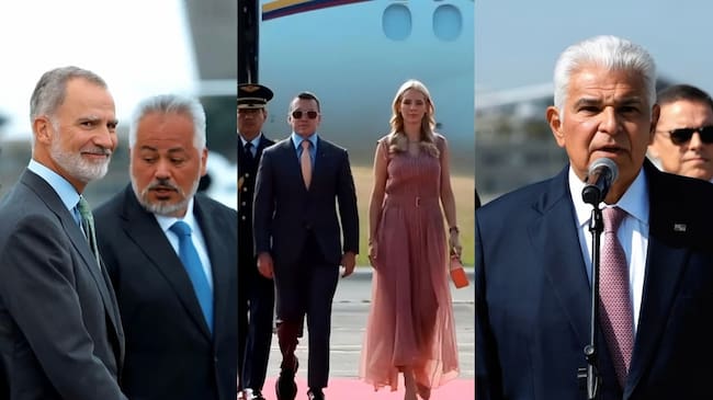El rey Felipe VI y los presidentes Daniel Novoa y José Raúl Mulino en su llegada a Cali, para la posesión de Abelardo de la Espriella.