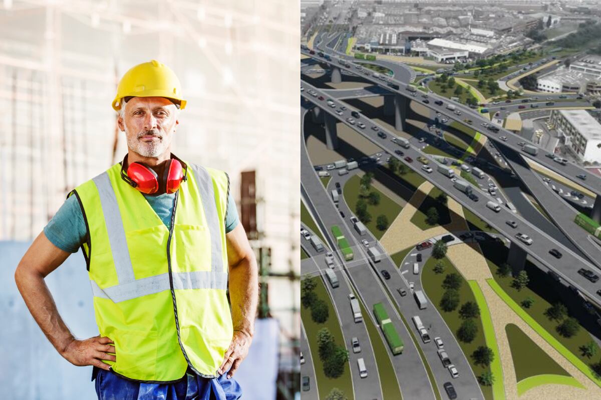 Collage obrero de construcción y obra nueva Calle 13 en Bogotá. Fotos: Cortesía y Getty Images.