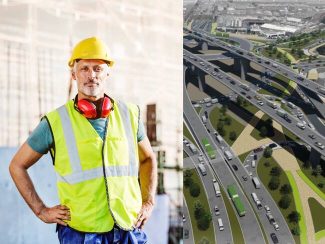 Collage obrero de construcción y obra nueva Calle 13 en Bogotá. Fotos: Cortesía y Getty Images.