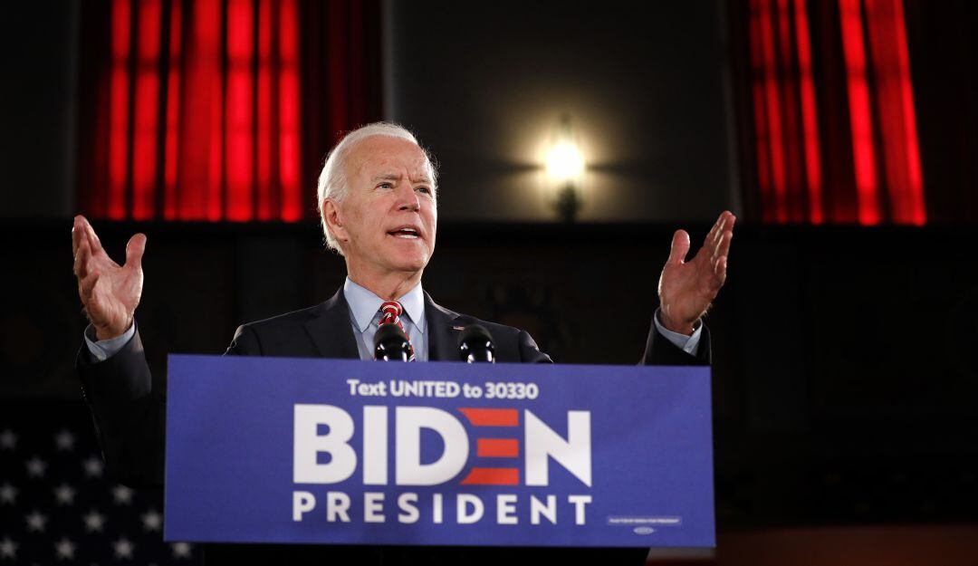 Joe Biden en medio de su discurso sobre economía y comercio exterior durante la campaña presidencial en 2020.