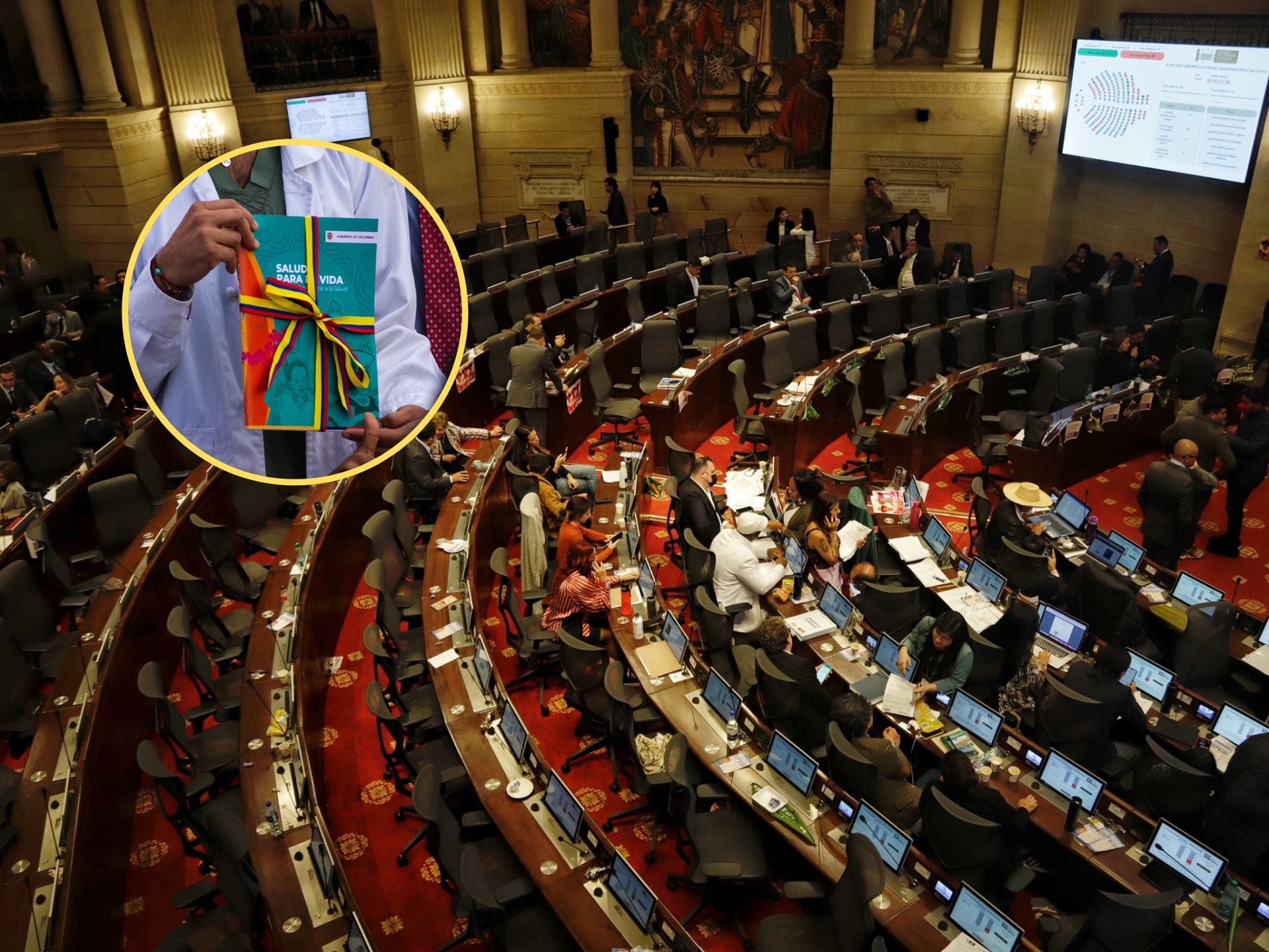 De fondo, la plenaria en la Cámara de Representantes discutiendo sobre la Reforma a la Salud del mes de junio. En el círculo, el documento de la Reforma a la Salud presentado por el Gobierno / Fotos: Colprensa y GettyImages