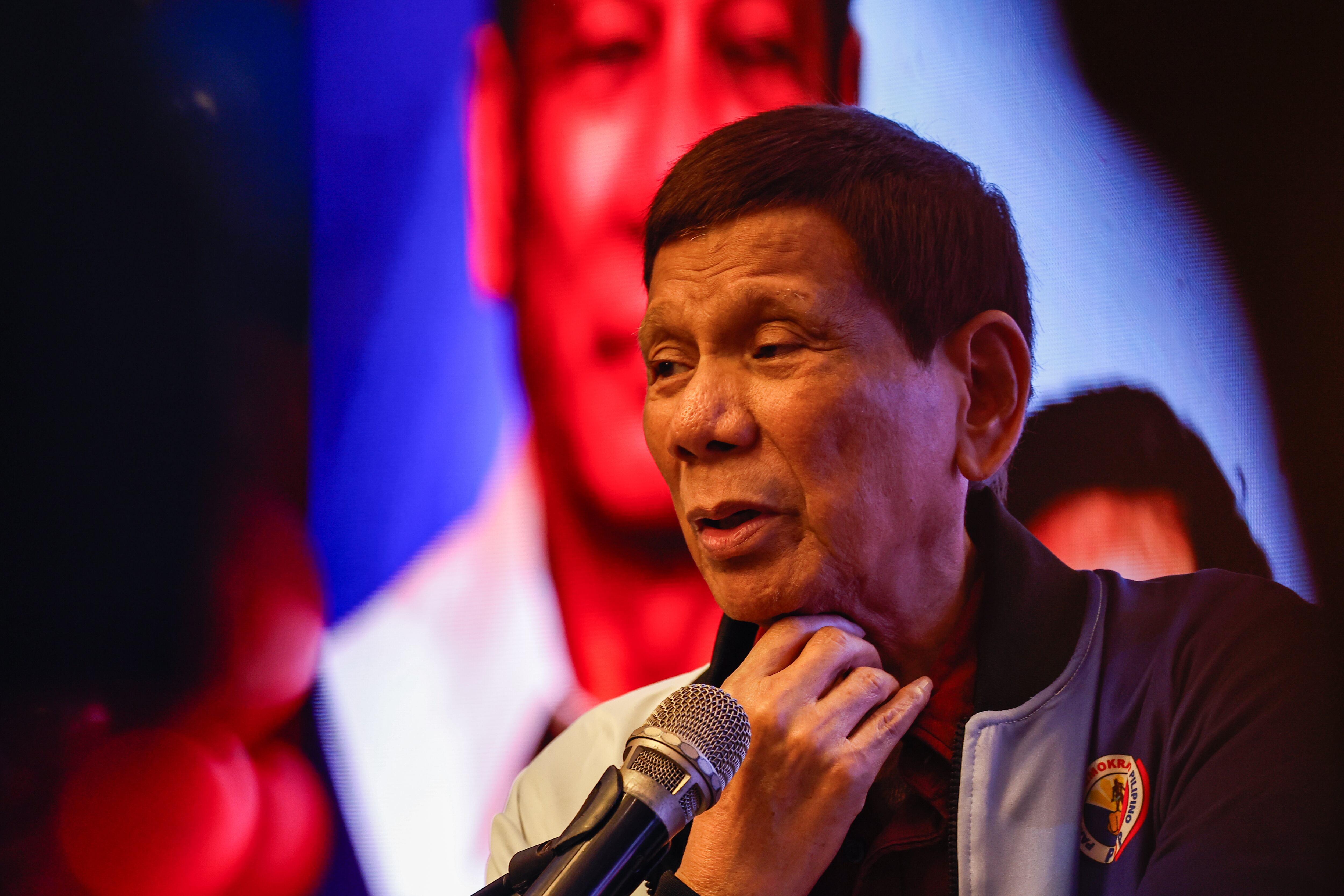 METRO MANILA, PHILIPPINES - 13 FEBRUARY: Former Philippines President Rodrigo Duterte delivers a speech during an election rally for his party Partido Demokratiko Pilipino, as Midterm Elections campaigns are underway amid a fractured political backdrop, in Metro Manila, Philippines, on February 13, 2025. The Southeast Asian country with a population of 117.3 million is expected to see fierce competitions between candidates running for local offices, senate, and the congress, with a focus on issues such as poverty, inflation, drug war, teenage pregnancy, food security, economy and climate change. There is also an escalating feud between the impeached Vice President Sara Duterte (the daughter of Rodrigo Duterte) and President Ferdinand Marcos Jr. (Photo by Daniel Ceng/Anadolu via Getty Images)