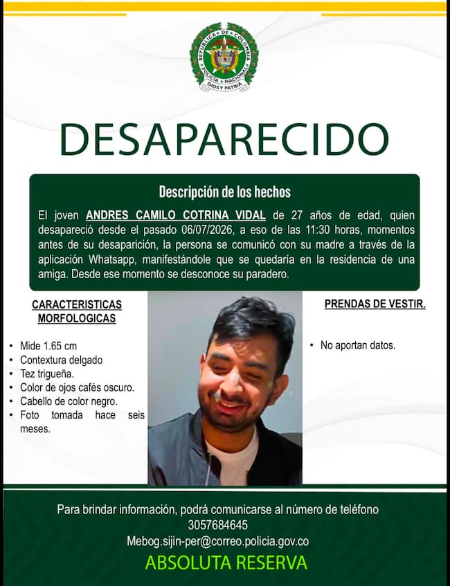 Andrés Camilo Cotrina Vidal fue reportado como desaparecido el lunes 6 de julio de 2026.