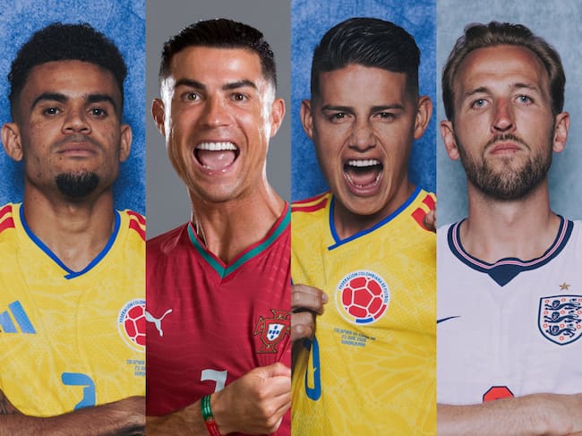 Luis Díaz, Cristiano Ronaldo, James Rodríguez y Harry Kane. Fotos: Getty Images.