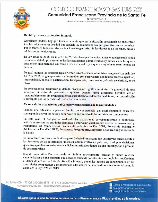 Otro fragmento del comunicado del rector del colegio San Luis Rey de Armenia. Foto: Cortesía padres de familia