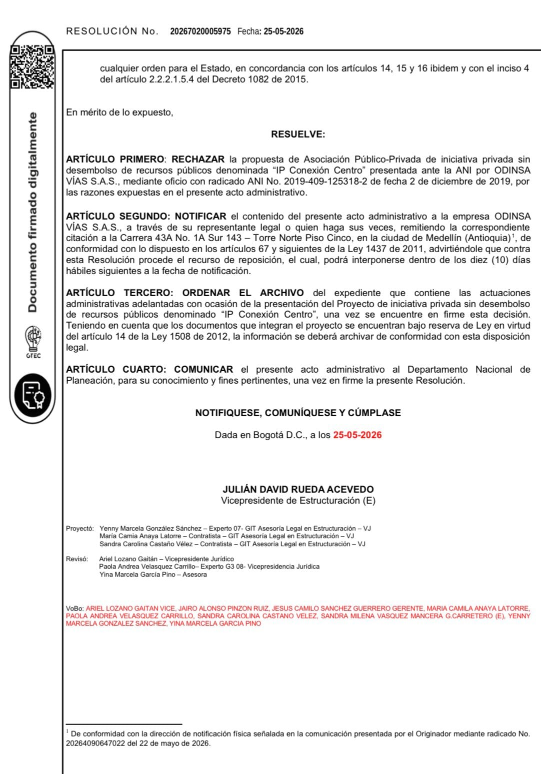 Resolución de la ANI sobre proyecto IP Conexión Centro. Foto: Cortesía Redes Sociales/ ANI