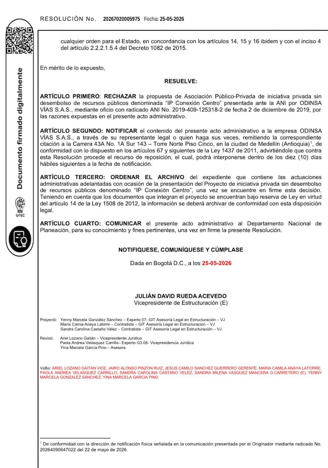 Resolución de la ANI sobre proyecto IP Conexión Centro. Foto: Cortesía Redes Sociales/ ANI