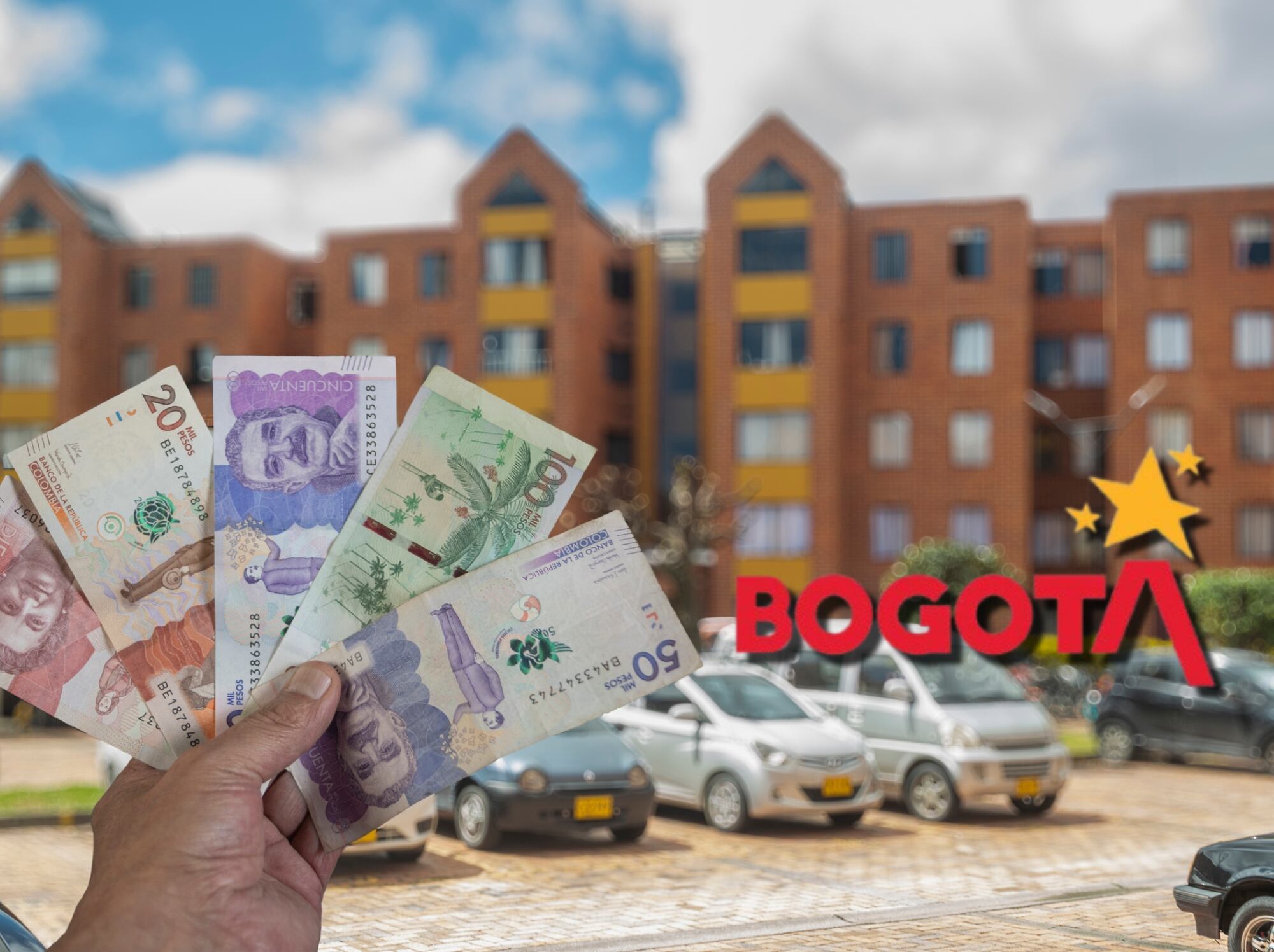 Dinero colombiano para vivienda y logo de la Alcaldía de Bogotá. Fotos: Getty Images y Alcaldía de Bogotá.