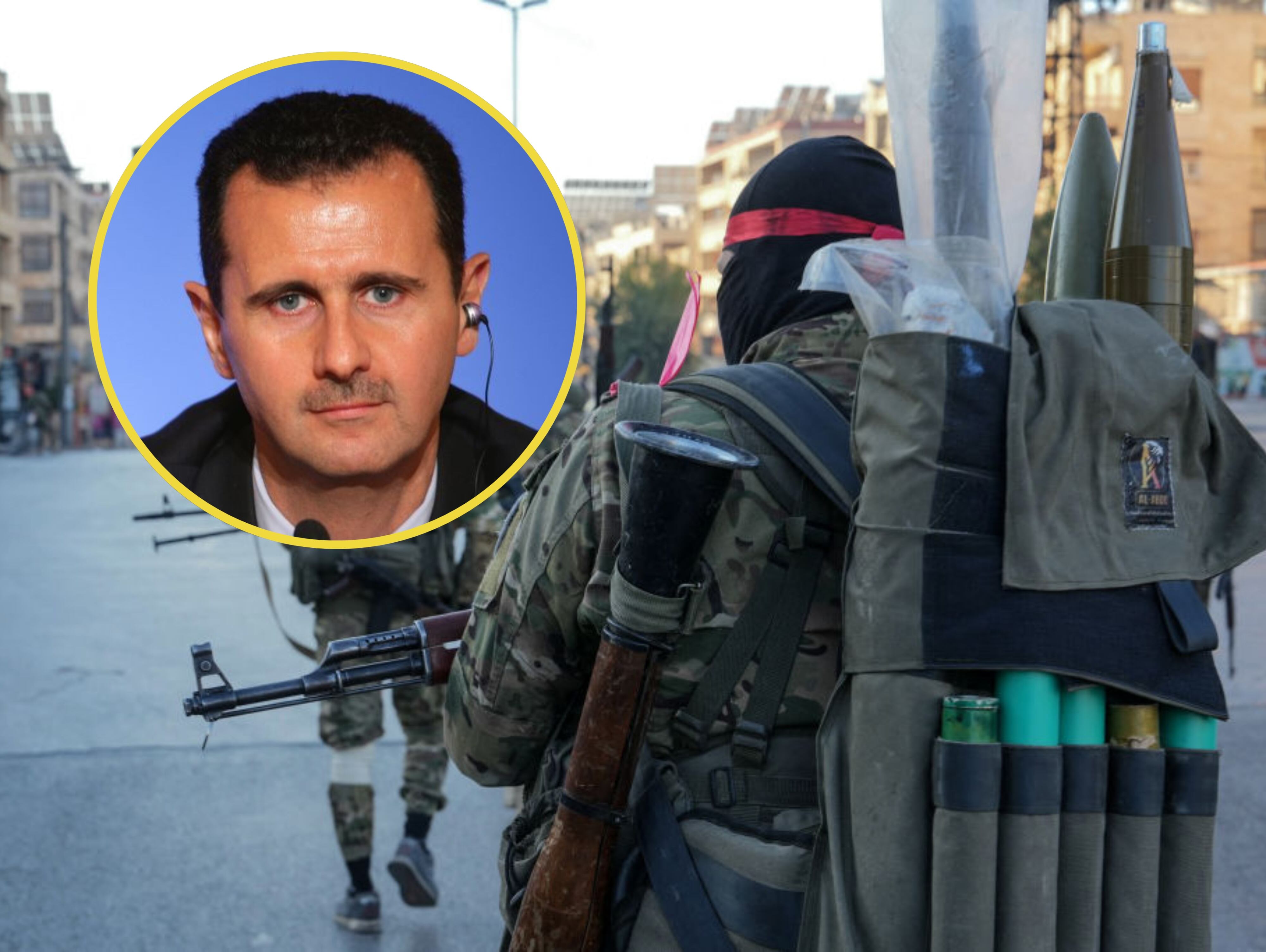 Bashar al-Asad y rebeldes en Siria. Foto: (Photo by MUHAMMAD HAJ KADOUR/AFP via Getty Images) / (Photo by Pool BENAINOUS/HOUNSFIELD/Gamma-Rapho via Getty Images)