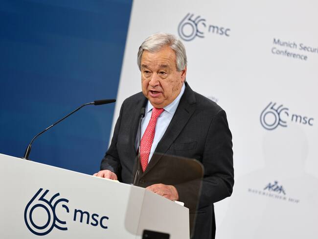 Munich (Germany), 16/02/2024.- UN Secretary General Antonio Guterres attends a panel discussion during the 'Bayerischer Hof' hotel, the venue of the 60th Munich Security Conference (MSC), in Munich, Germany, 16 February 2024. More than 500 high-level international decision-makers meet at the 60th Munich Security Conference in Munich during their annual meeting from 16 to 18 February 2024 to discuss global security issues. (Alemania) EFE/EPA/ANNA SZILAGYI