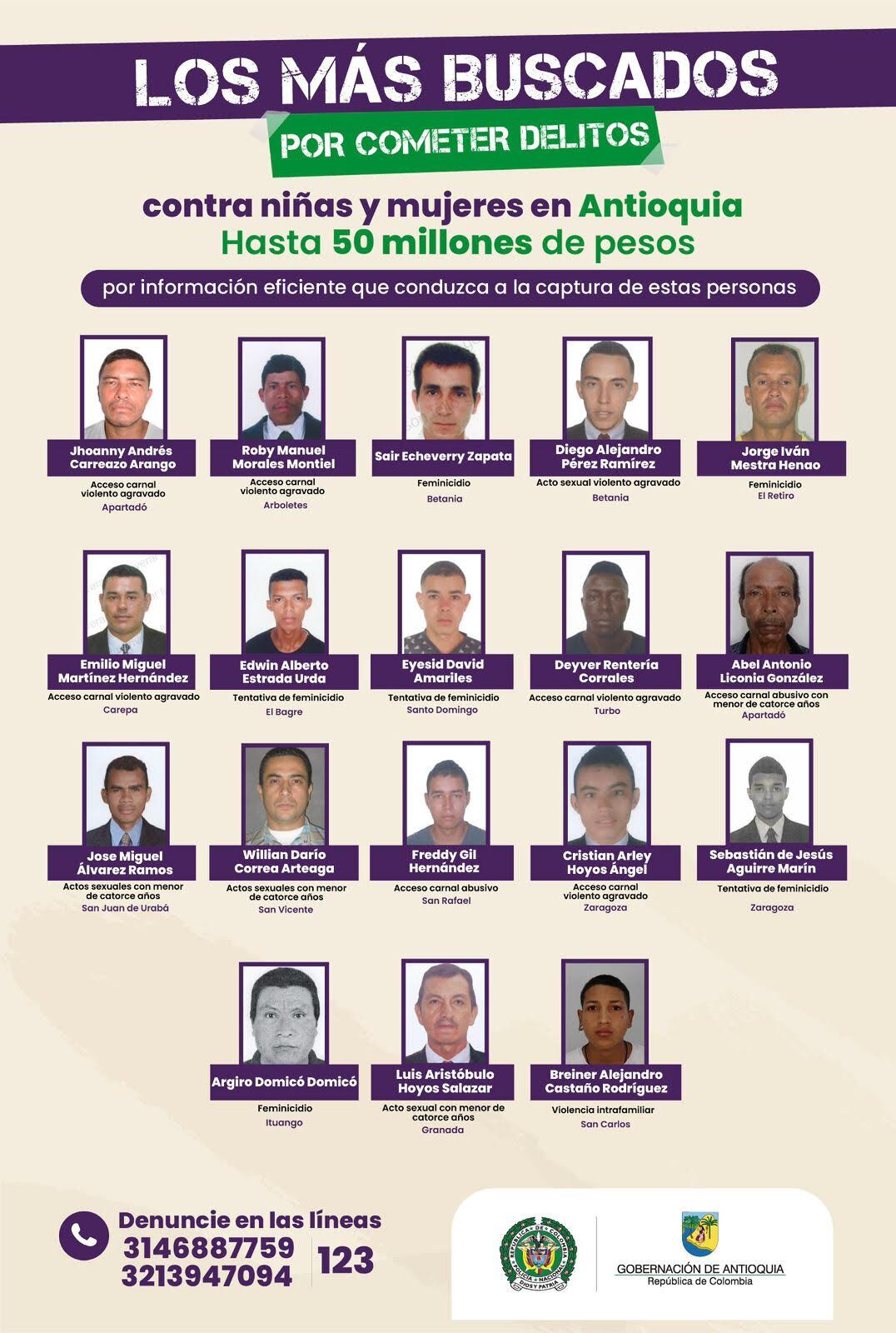 Nuevo cartel con los rostros de dieciocho hombres señalados de cometer graves delitos contra niñas y mujeres en el departamento. Foto: Cortesía.