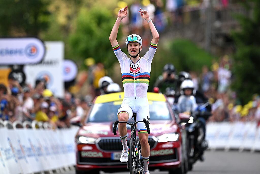 GAVARNIE-GEDRE, FRANCE - JULY 09: Tadej Pogacar of Slovenia and UAE Team Emirates - XRG celebrates at finish line as stage winner during the 113th Tour de France 2026, Stage 6 a 186.2km stage from Pau to Gavarnie-Gedre 1379m / #UCIWT / on July 09, 2026 in Gavarnie-Gedre, France. (Photo by Tim de Waele/Getty Images)