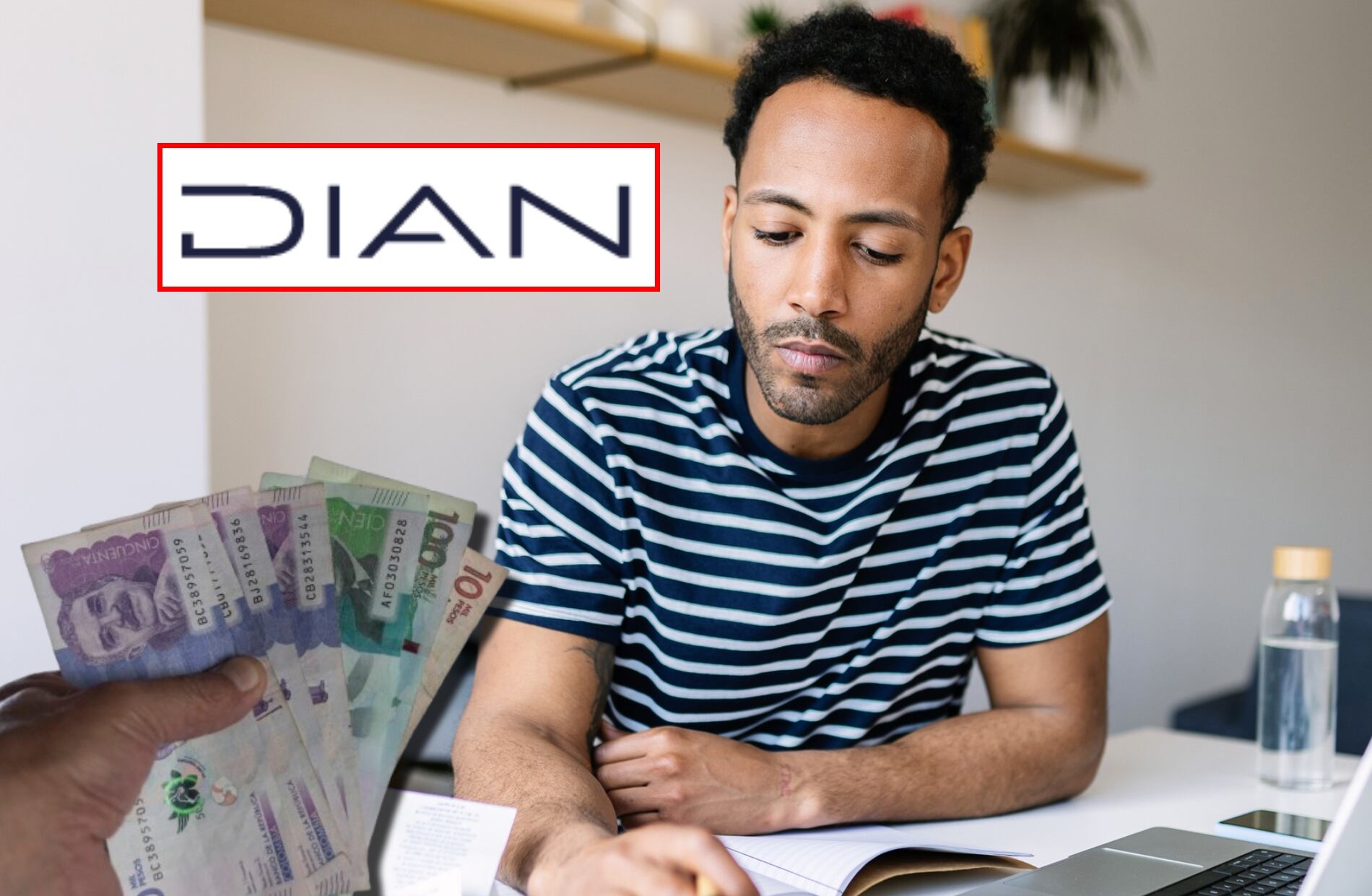 Logo de la DIAN, dinero Colombia e imagen de referencia de pago de impuestos. Fotos: DIAN / Getty Images