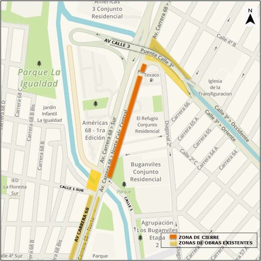 Conozca el cierre de la calzada lenta de la Av. Carrera 68 entre la calle 1 y Av. calle 3, en sentido Sur - Norte